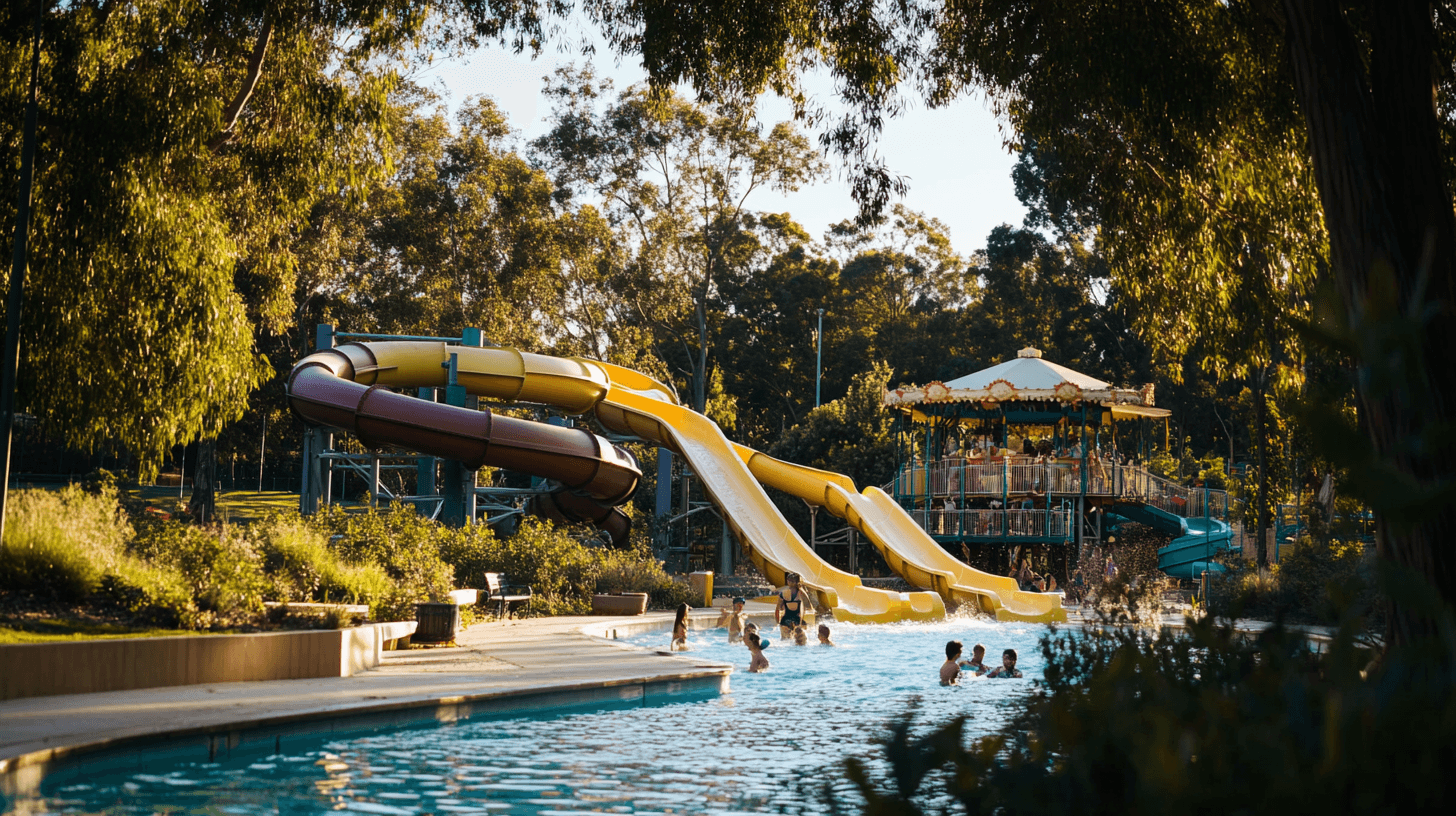 Children and families enjoying water slides and the carousel at Adventure Park