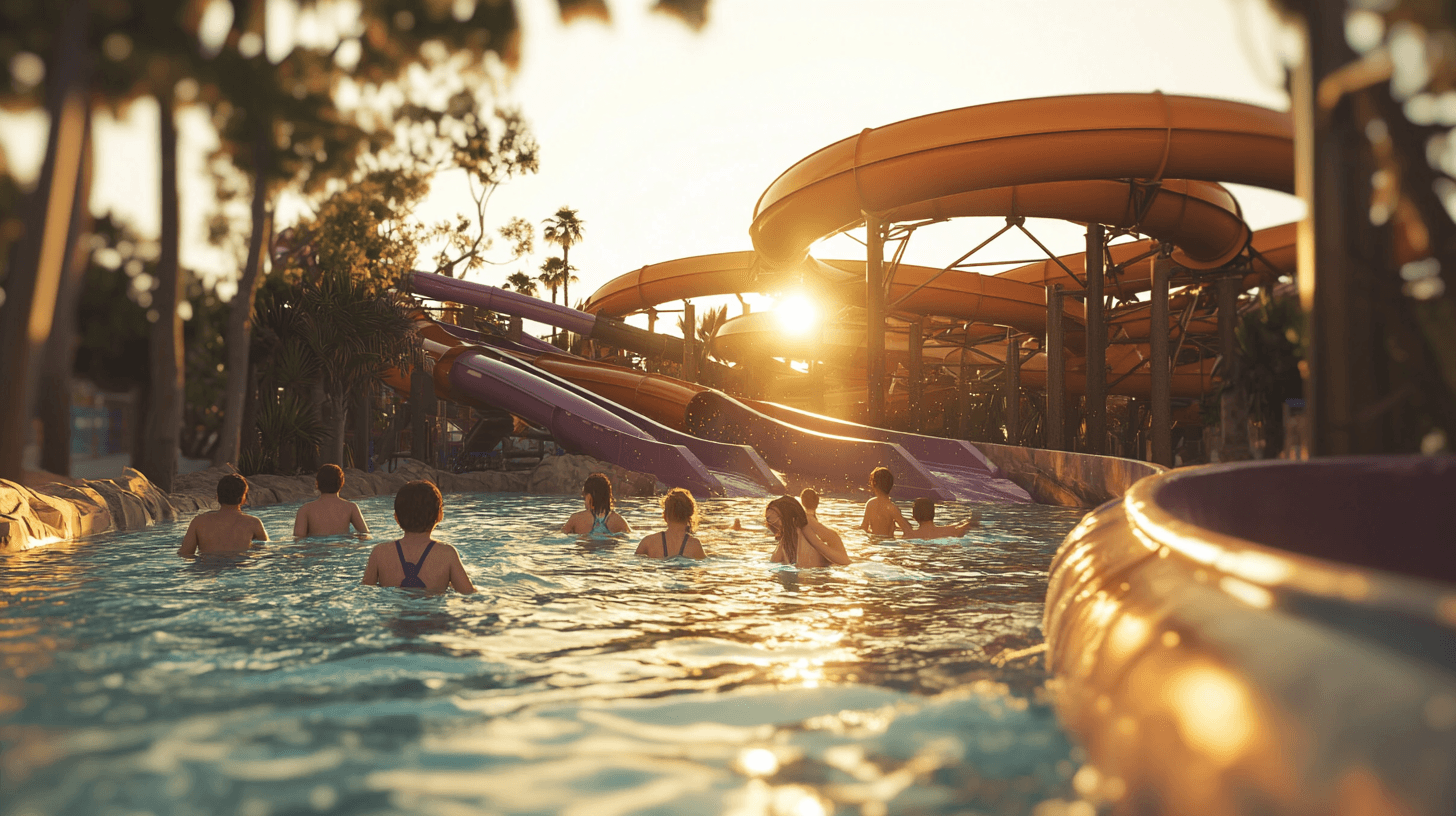Families enjoying water slides and the Lazy River at Adventure Park Geelong under golden hour sun