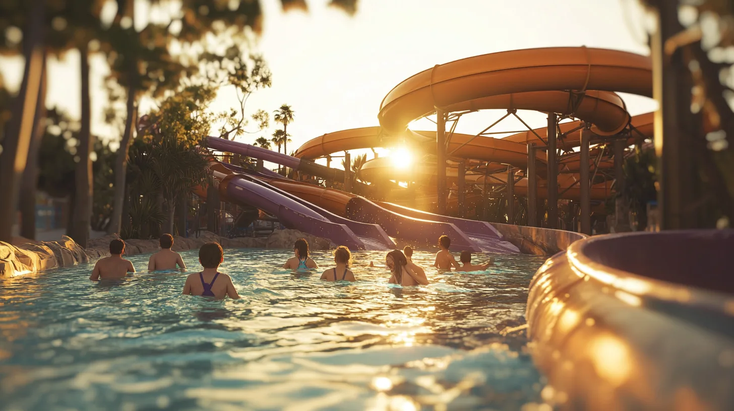 Families enjoying water slides and the Lazy River at Adventure Park Geelong under golden hour sun