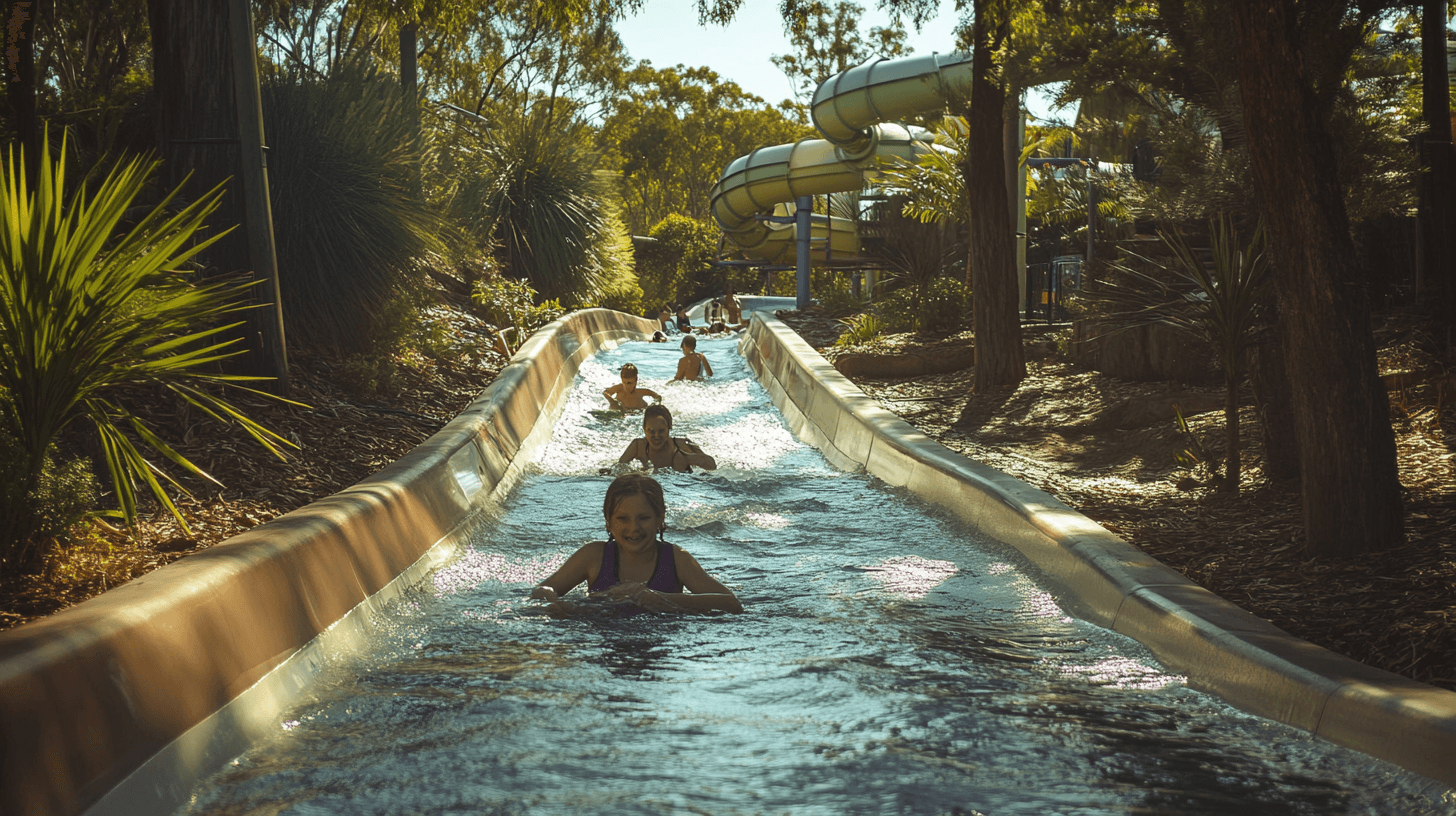 Families enjoying a lazy river ride with vibrant waterslides and lush greenery