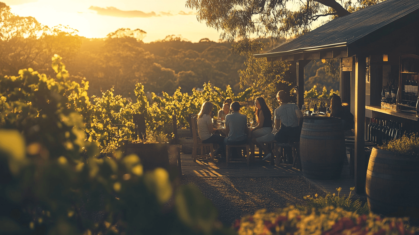 A group of people enjoying wine at Banks Road Vineyard during golden hour
