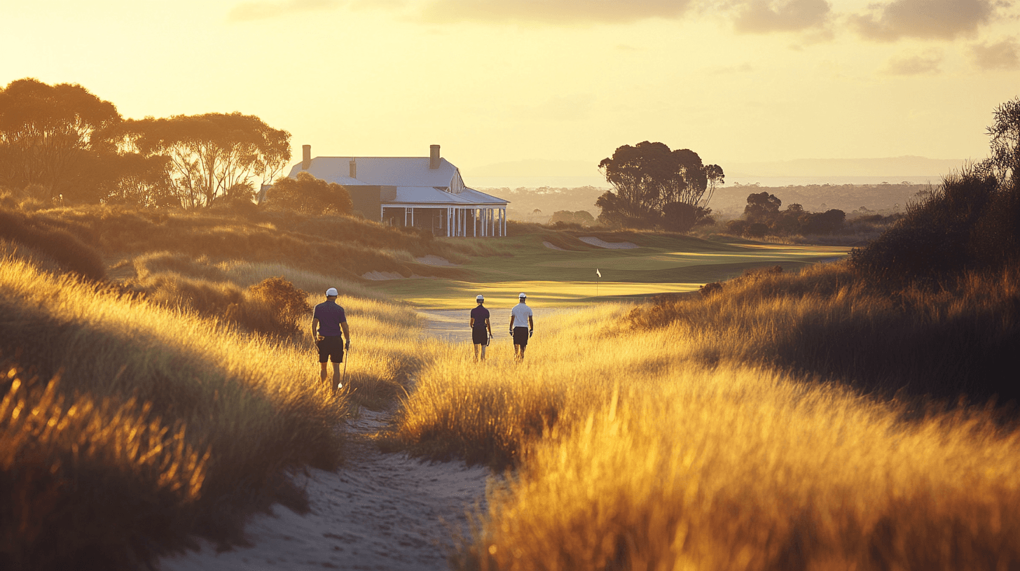 Golfers on a lush fairway with a 1920s clubhouse and coastal backdrop