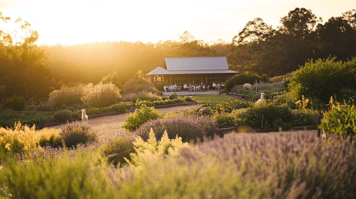 A vibrant farm scene with gardens alpacas and guests enjoying the terrace