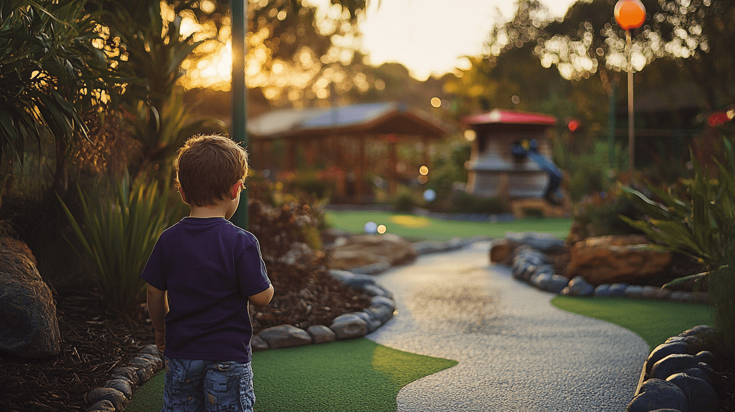 A child in a purple t-shirt lines up a shot on the Mill Course at Bellarine Adventure Golf in Mannerim VIC during golden hour