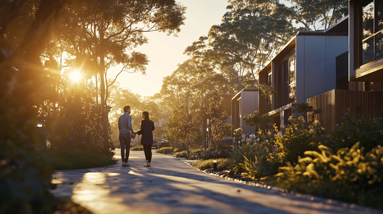 A real estate agent meets a potential buyer during golden hour in Point Lonsdale