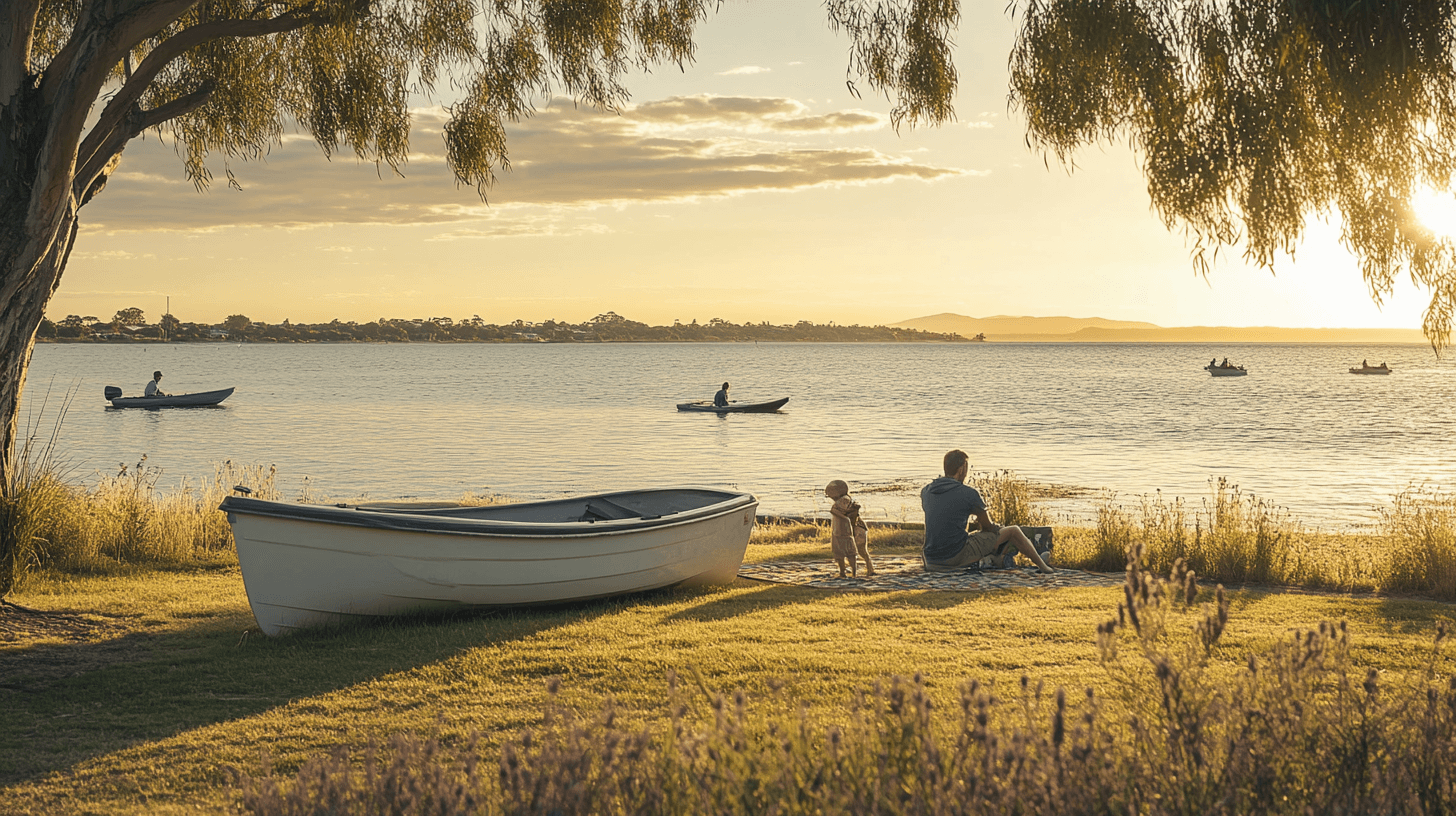 A family prepares a fishing boat with kayakers in the background during golden hour at Clifton Springs Boat Ramp