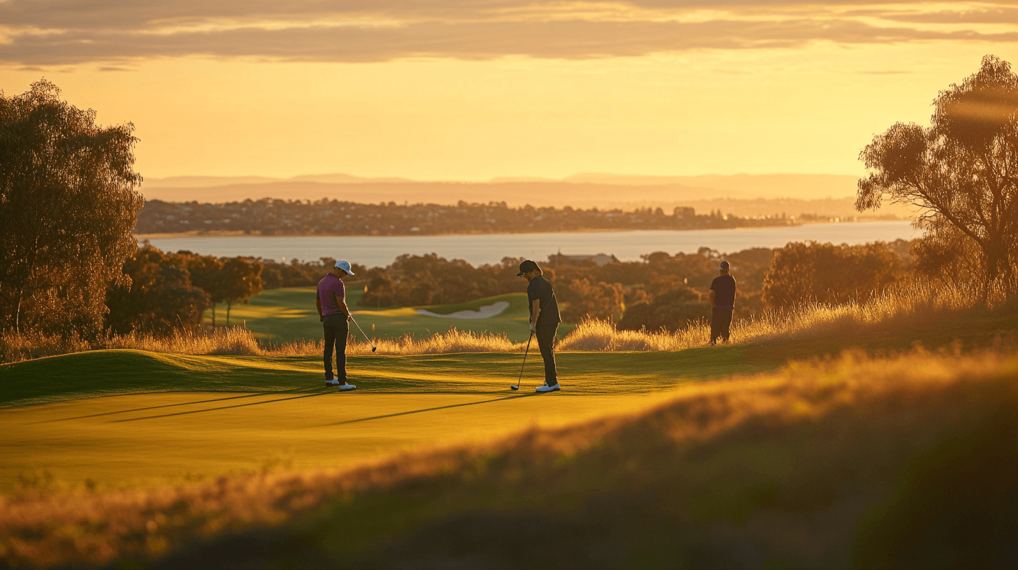 Golfers enjoying a round at Clifton Springs Golf Club with a view over Corio Bay at sunset