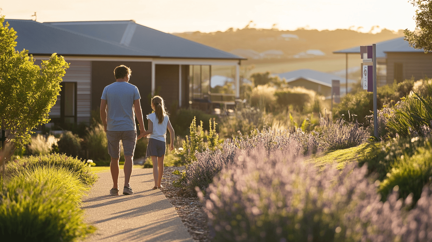 A beautiful modern coastal home for sale at golden hour with a family and real estate agent interacting