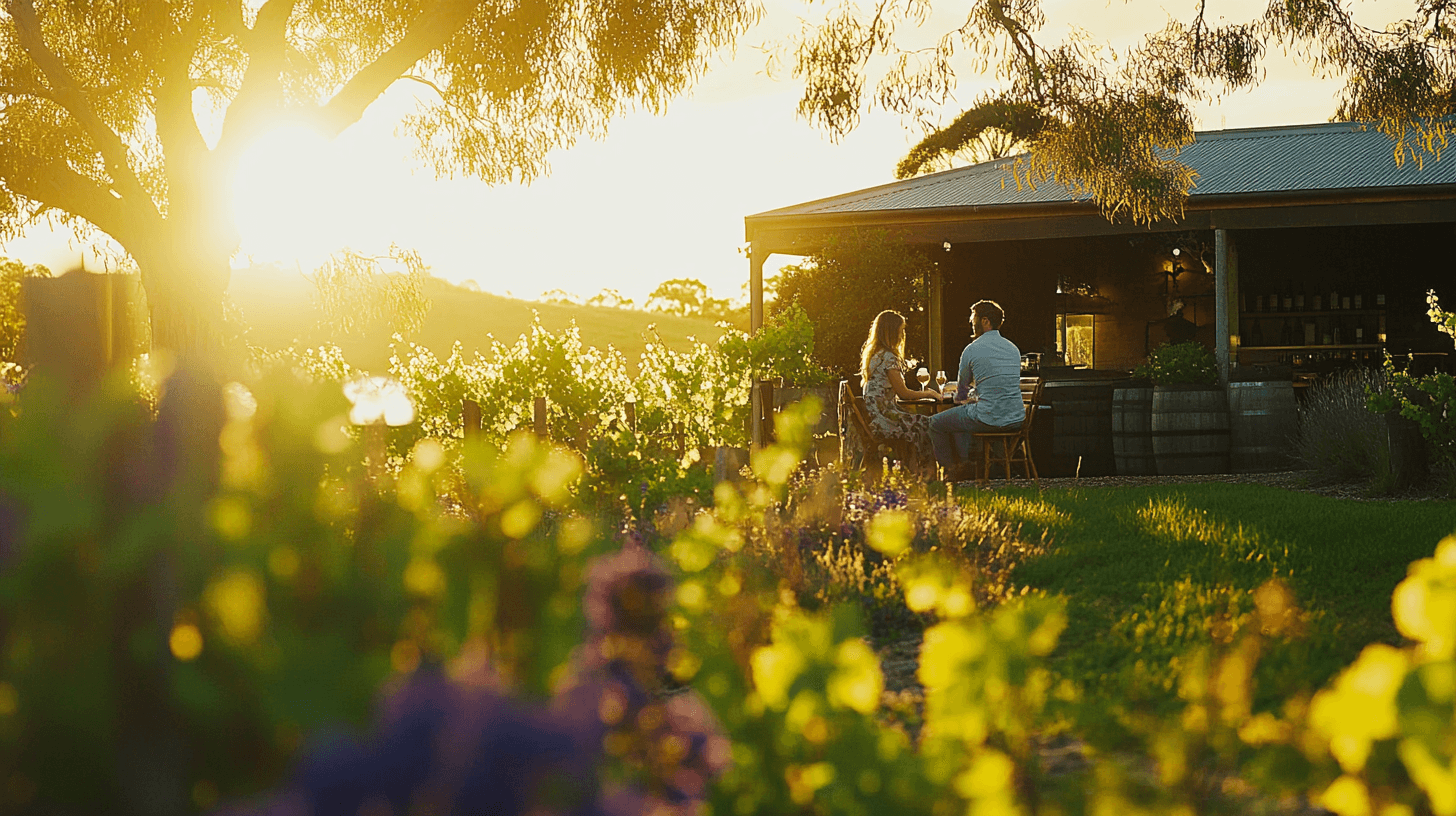 A couple seated amid lush vineyards savoring wine during golden hour at Curlewis Winery