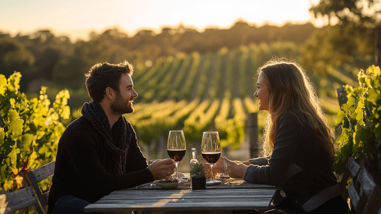 A couple enjoying wine at a rustic outdoor table during golden hour