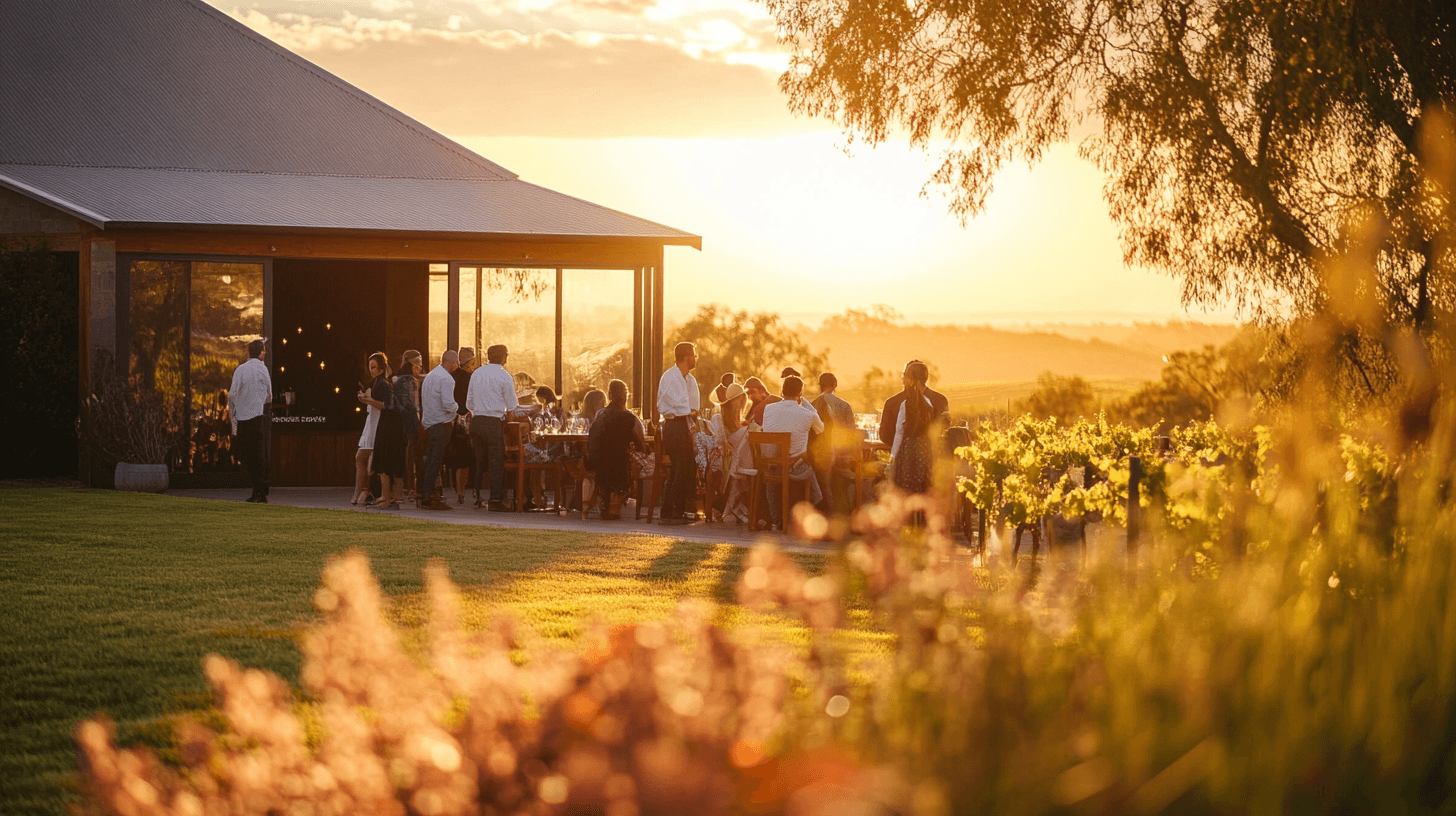 A group enjoying wine tasting at Curlewis Winery as the sun sets