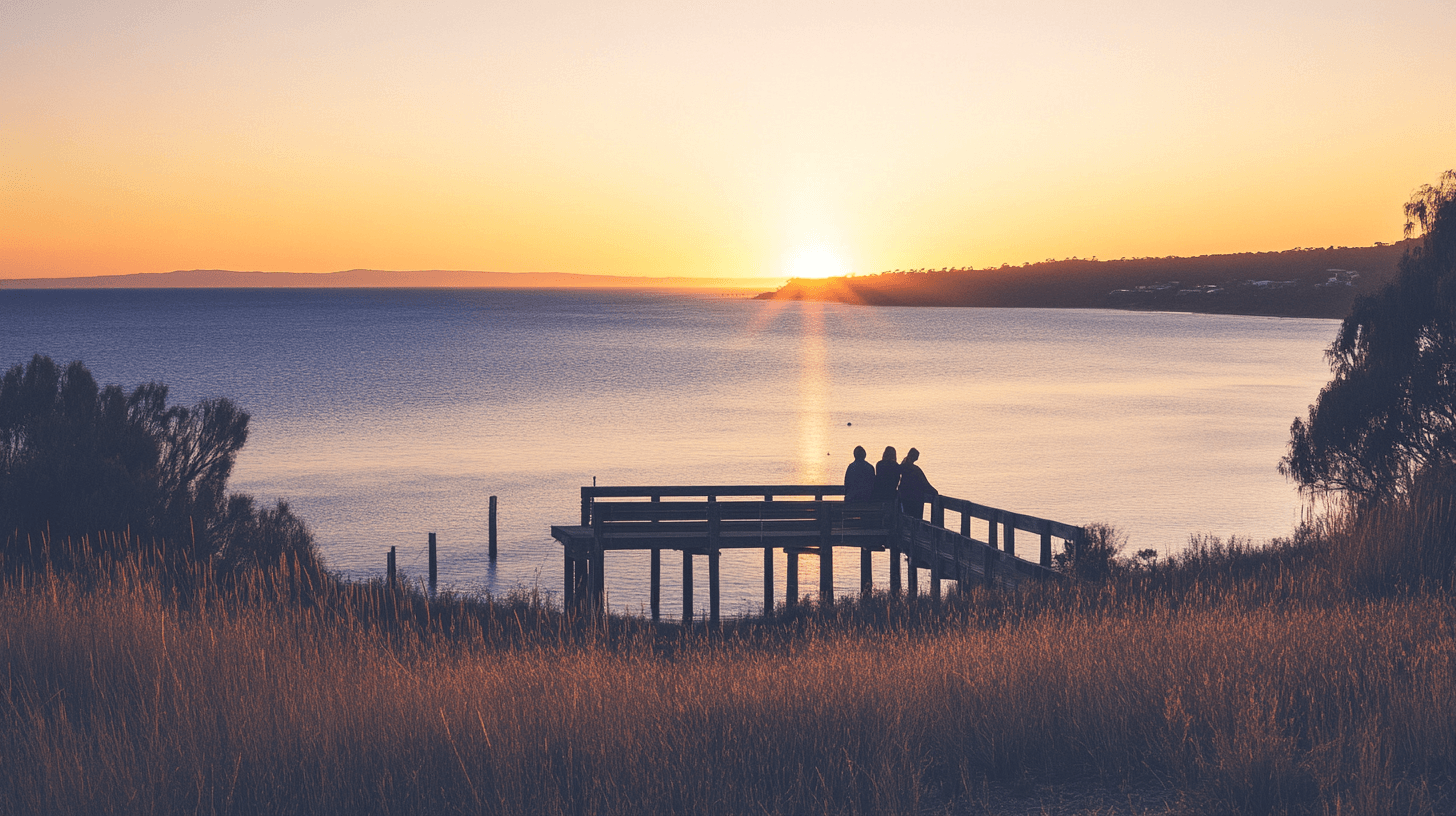 A couple admires the sunrise at Dell Lookout with cobalt-blue waters and wooden piers in the background