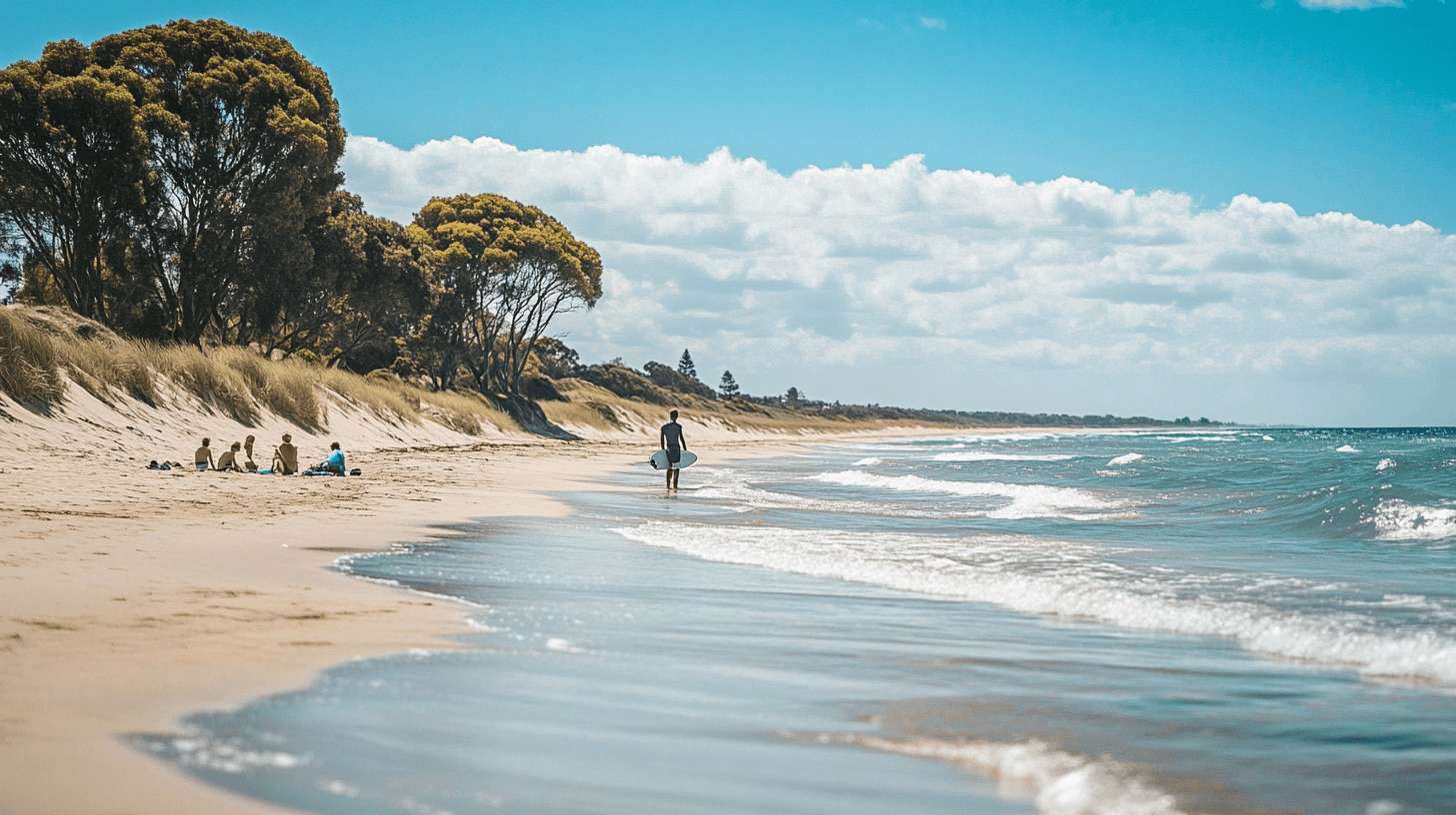 A family having a picnic on Barwon Heads Main Beach with a surfer in a purple wetsuit emerging from the water