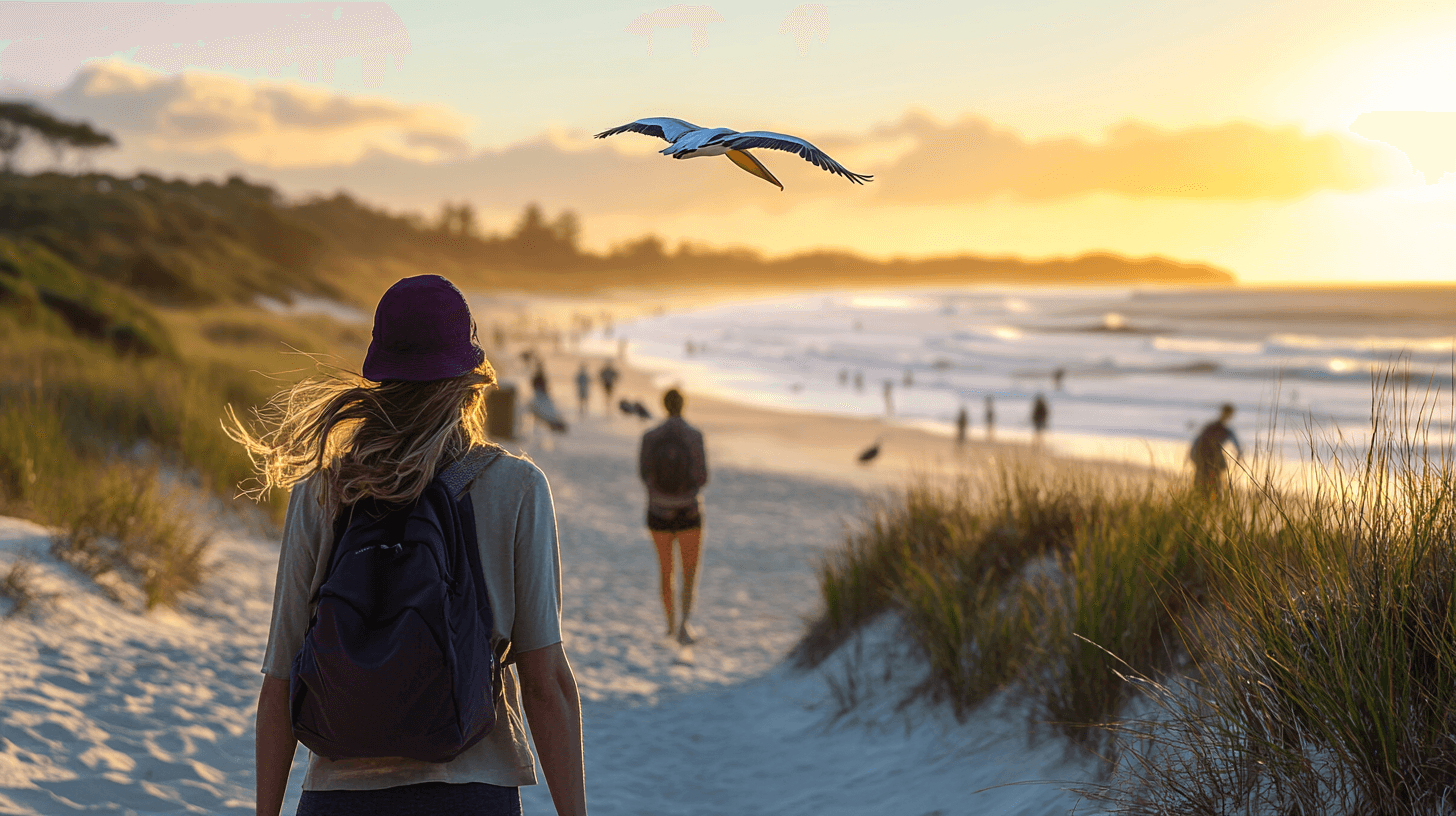 A serene view of Breamlea during golden hour with beachgoers and a flying pelican