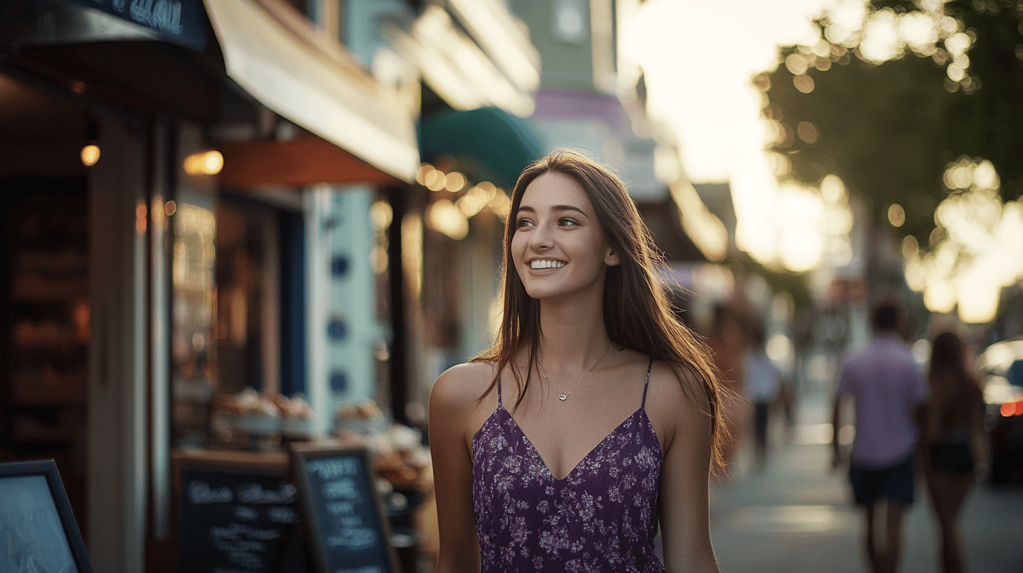 A woman in a deep purple dress smiles while strolling past boutiques in Queenscliff