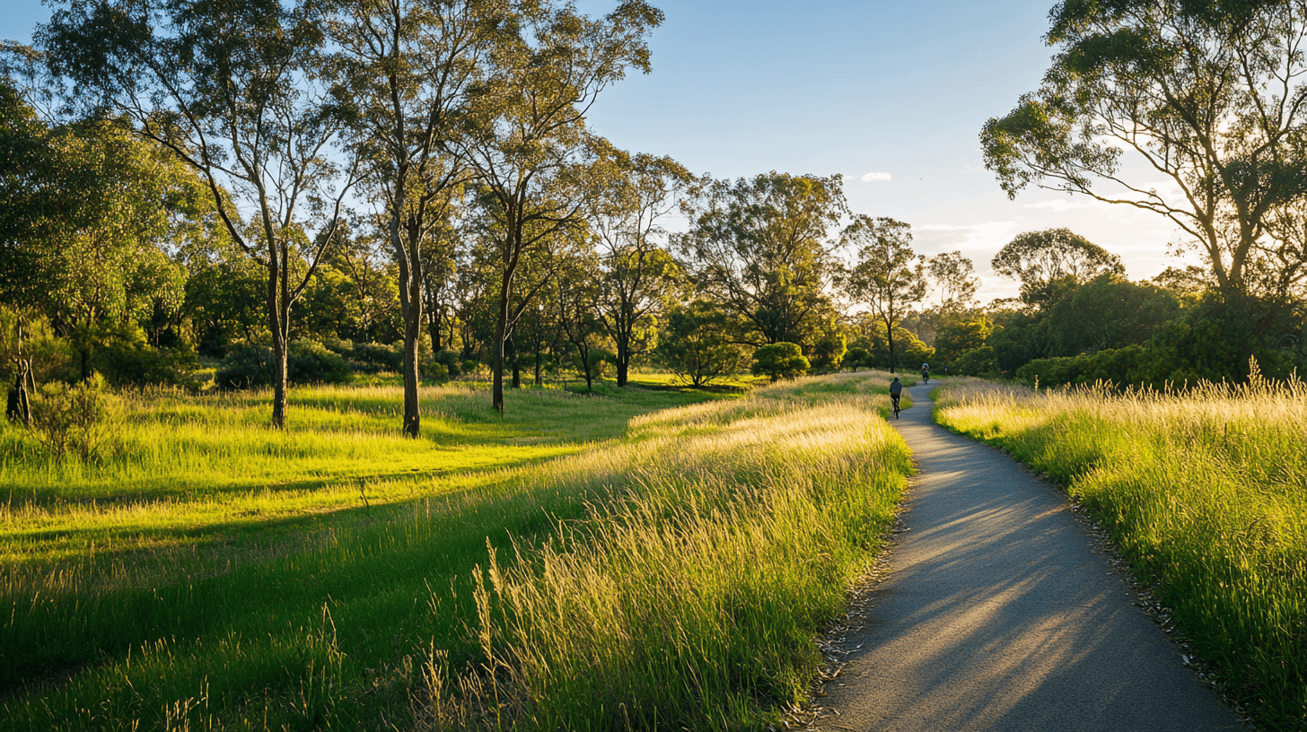 Cyclists and walkers enjoying a scenic trail surrounded by lush greenery at sunset