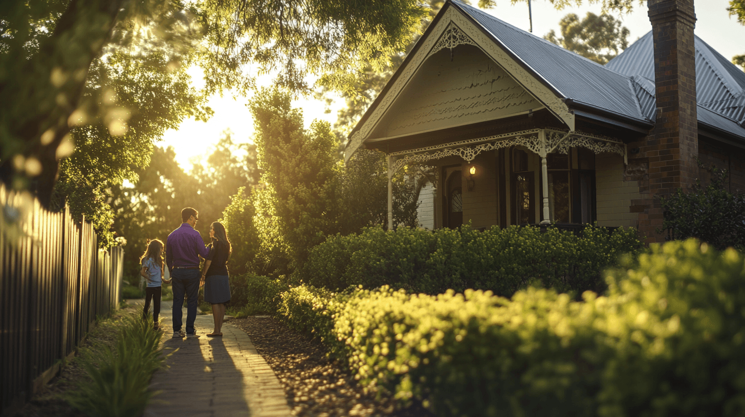 A family speaking to a real estate agent in front of a Victorian-style home