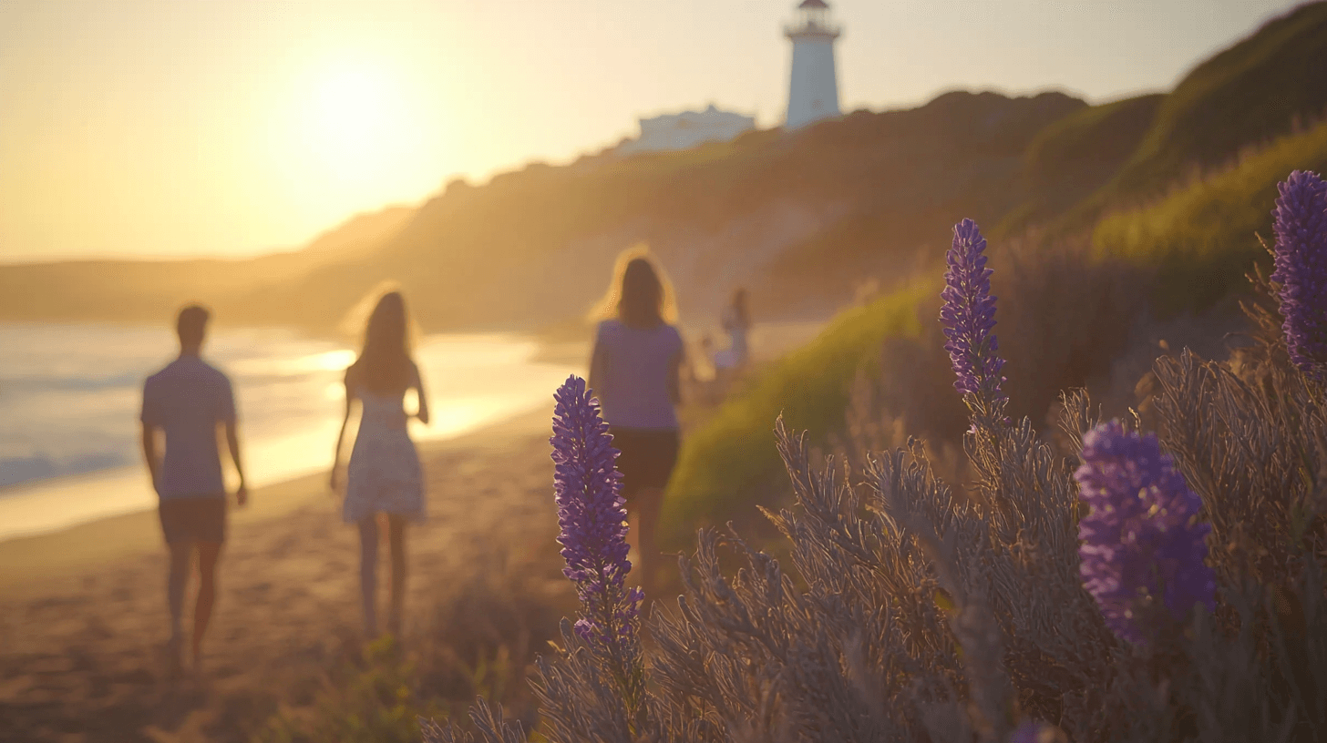 Families enjoy a coastal walk in Point Lonsdale near the lighthouse at golden hour