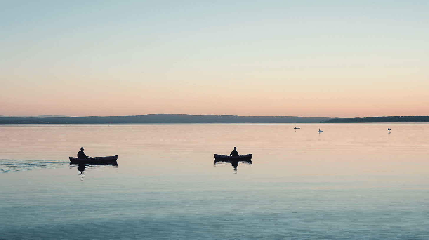Gentle kayaks on the serene Swan Bay with swans and pelicans in the distance