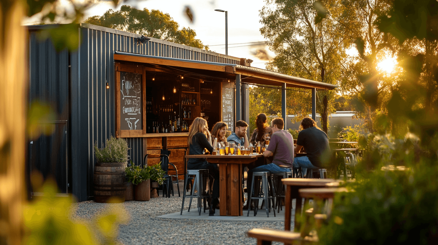 Friends enjoying craft cider outdoors at Flying Brick Cider Co