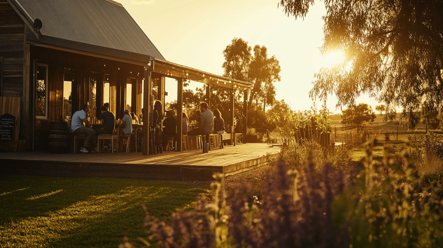 Visitors savoring cider on a sunlit deck with kids playing on the lawn amidst rustic architecture and lush greenery at Flying Brick Cider Co