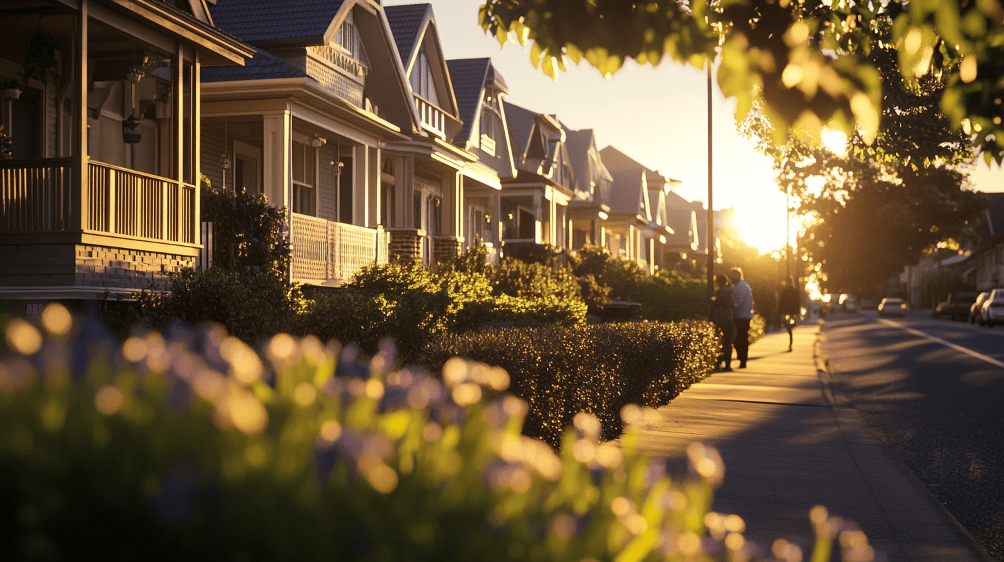 Various heritage and modern styled homes in Ocean Grove during golden hour with people mingling on the sidewalk