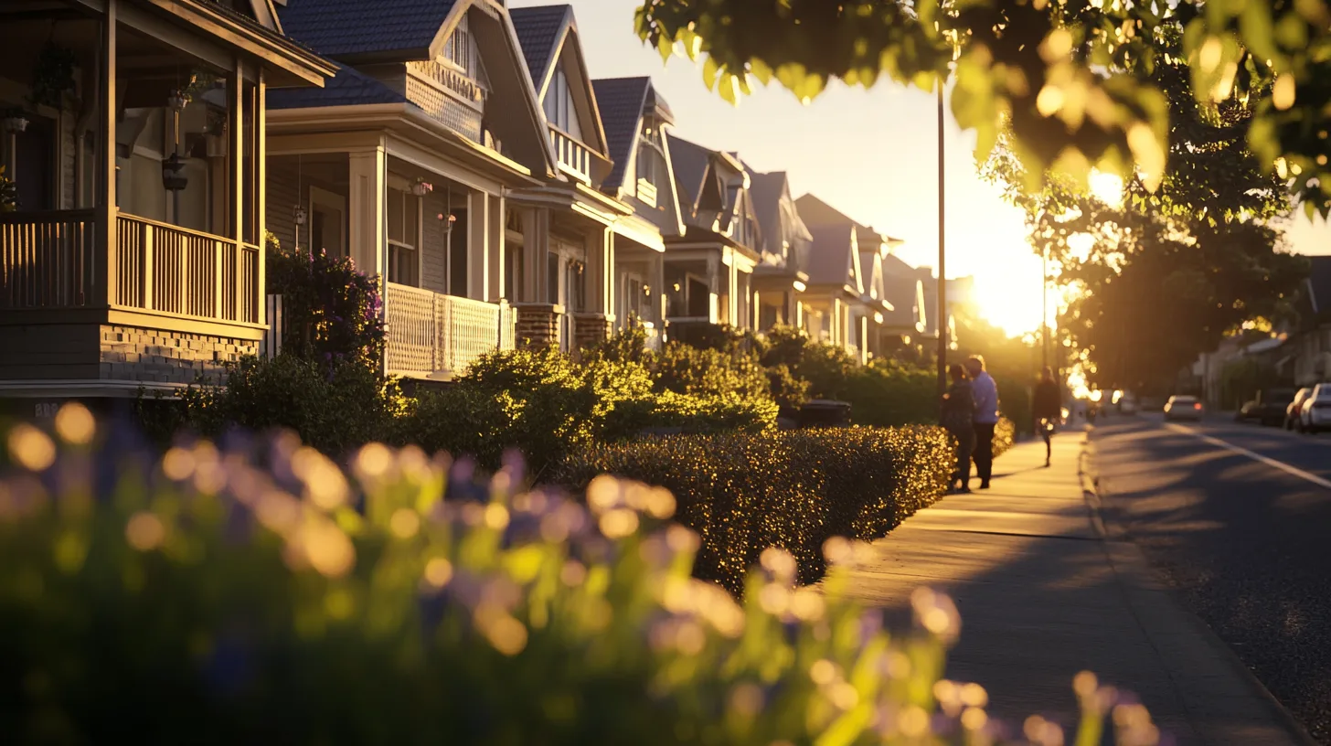 Various heritage and modern styled homes in Ocean Grove during golden hour with people mingling on the sidewalk