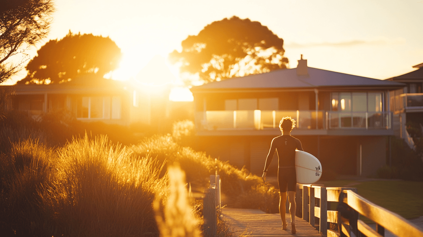 A surfer walks with a board toward a coastal house during golden hour