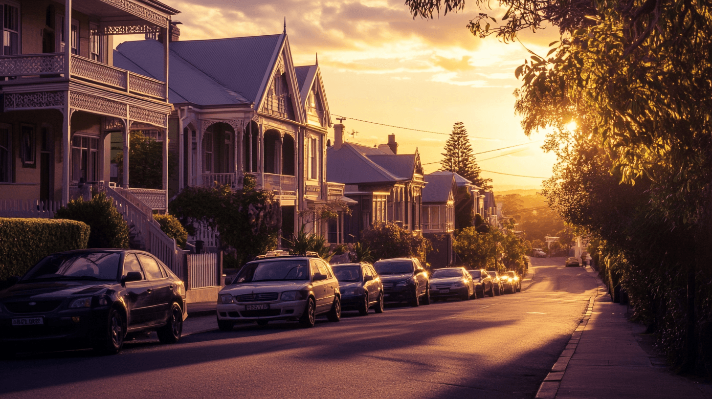 Ornate heritage homes bathed in warm golden hour light along a street in Queenscliff
