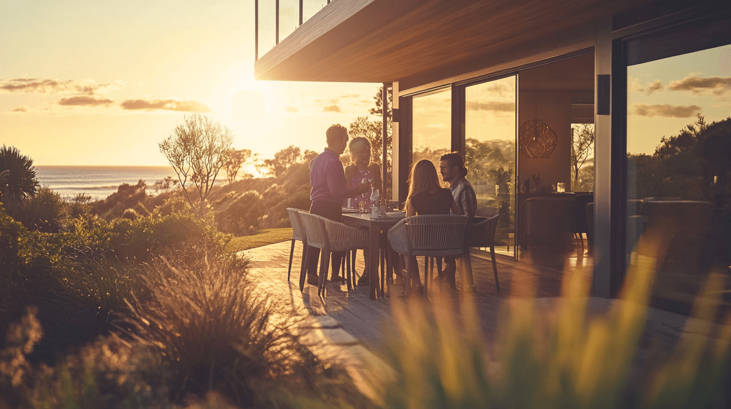 A family is viewing a modern coastal home with a smiling realtor in a deep purple tie