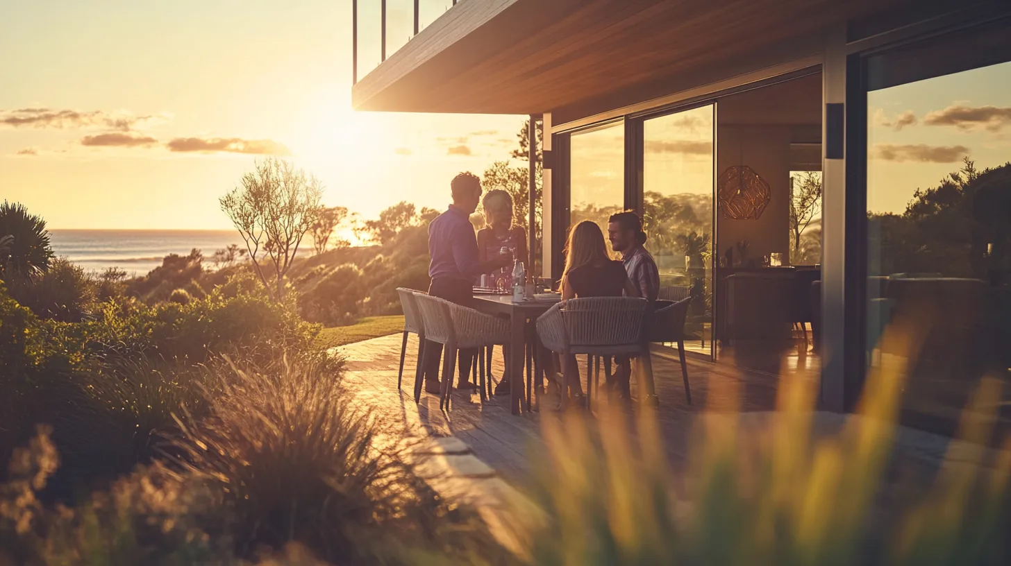 A family is viewing a modern coastal home with a smiling realtor in a deep purple tie
