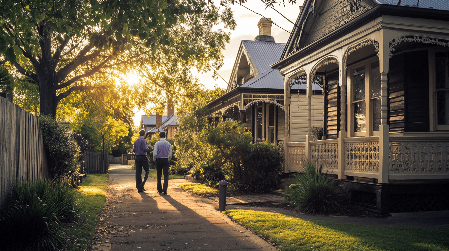A real estate agent shows a Victorian cottage with wrap-around verandas to a young family in Mannerim VIC