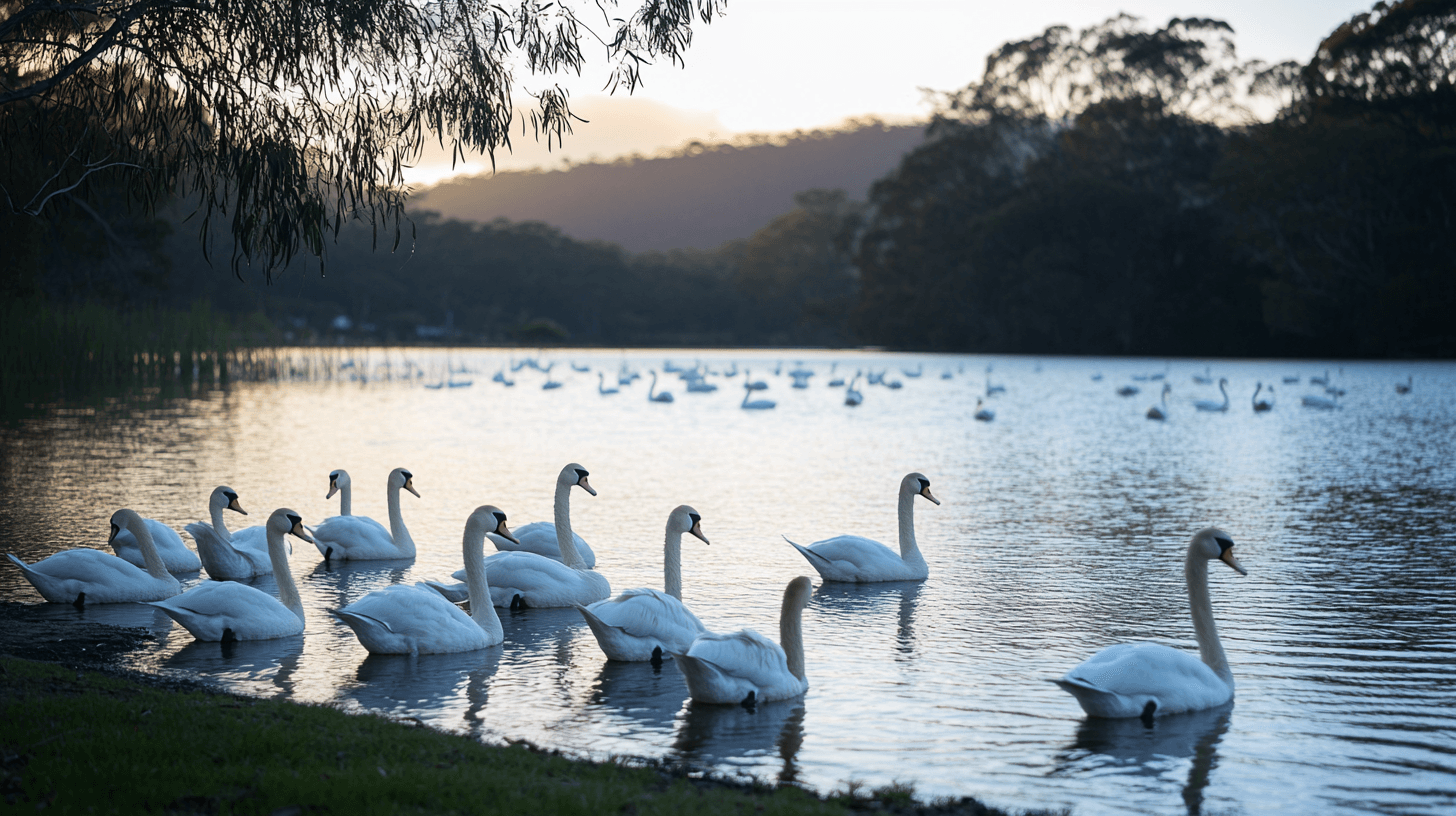 Swans glide across Lake Lorne at sunset with people walking along the shore