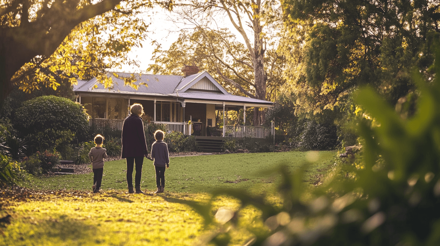 A vintage Queenslander home surrounded by greenery during golden hour with a family and real estate agent