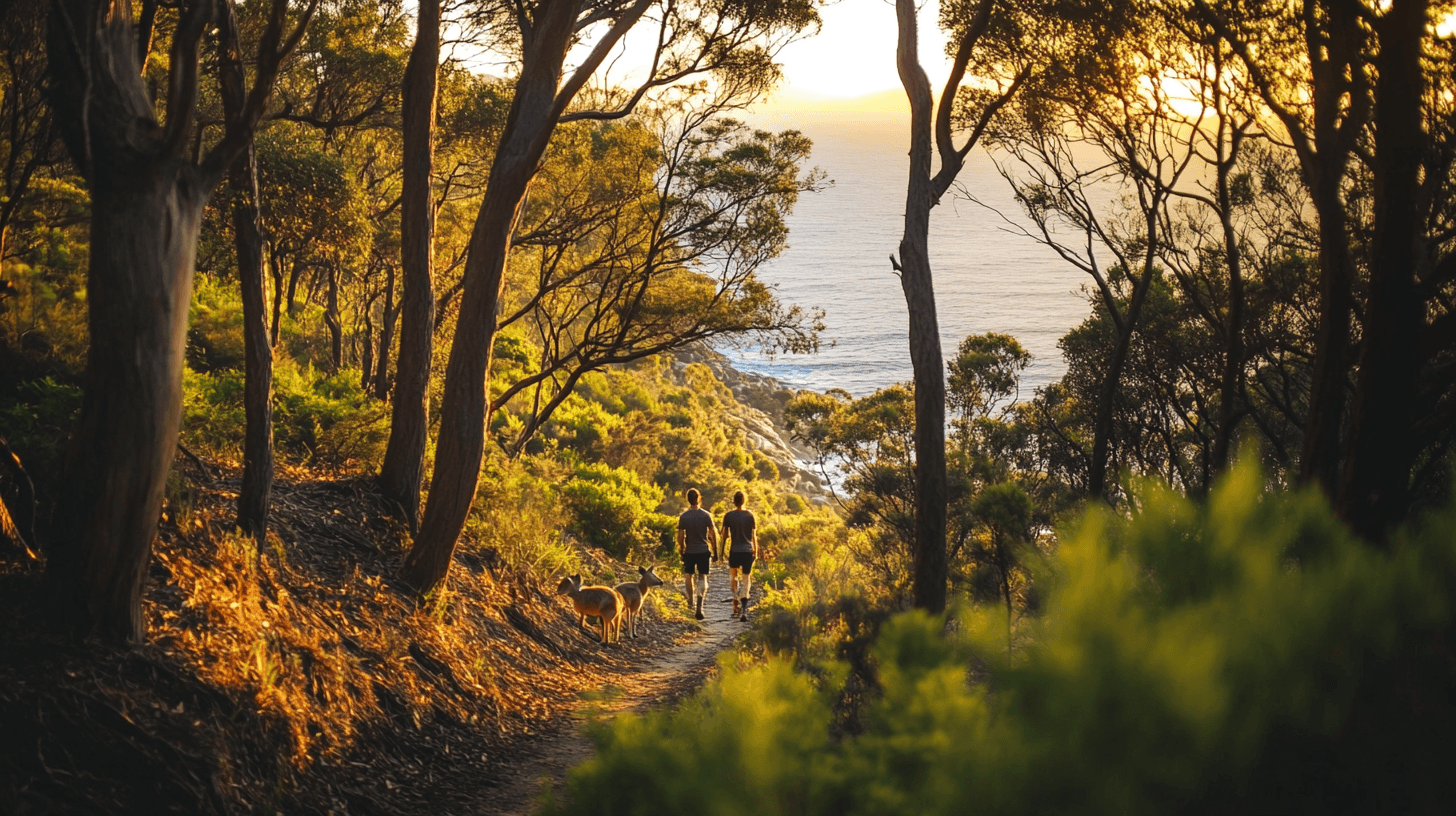 A serene nature trail with hikers and kangaroos at Marcus Hill Walk