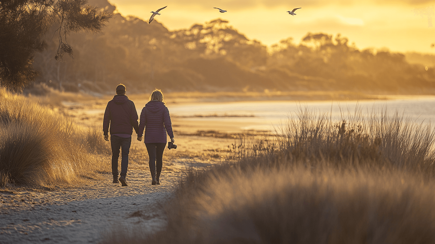A couple walks along Stingaree Bay during golden hour with birds flying overhead