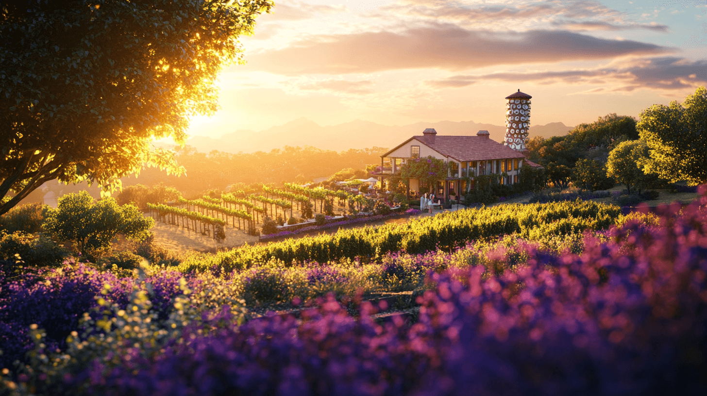 A couple enjoying wine tasting near the upside-down house at Oakdene Vineyards surrounded by lush gardens and purple flowers during golden hour