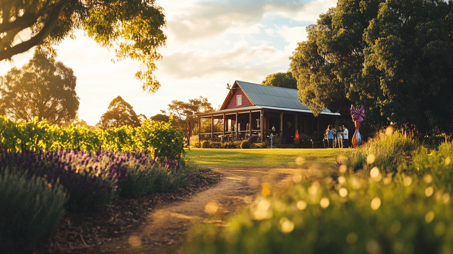 A vibrant scene at Oakdene Vineyards featuring quirky architecture and lush gardens under golden hour light
