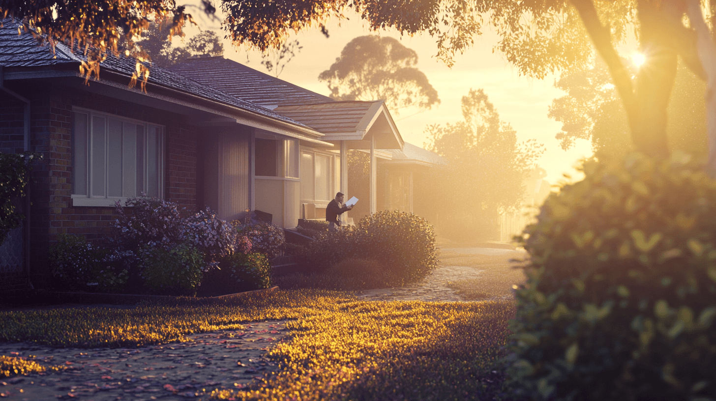 Rental agents discussing deals outside a property at Point Lonsdale during golden hour