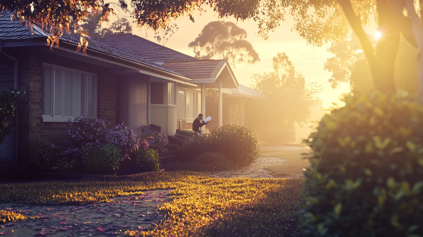 Rental agents discussing deals outside a property at Point Lonsdale during golden hour