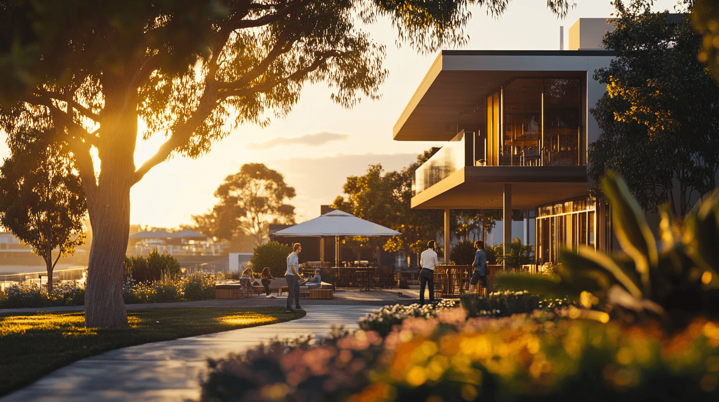A vibrant coastal real estate scene in Drysdale during golden hour with agents and buyers interacting naturally