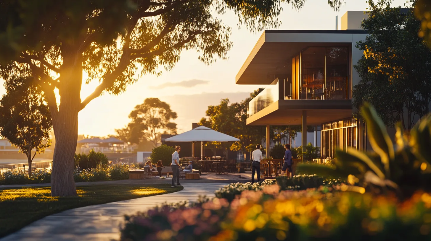 A vibrant coastal real estate scene in Drysdale during golden hour with agents and buyers interacting naturally
