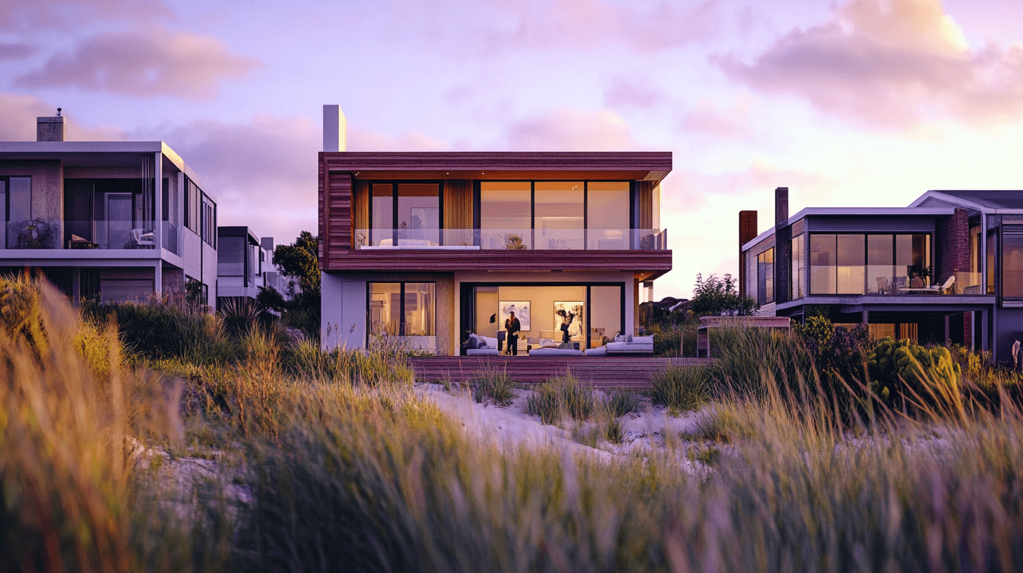 Luxurious beachfront homes in Ocean Grove at golden hour with agents and buyers interacting naturally