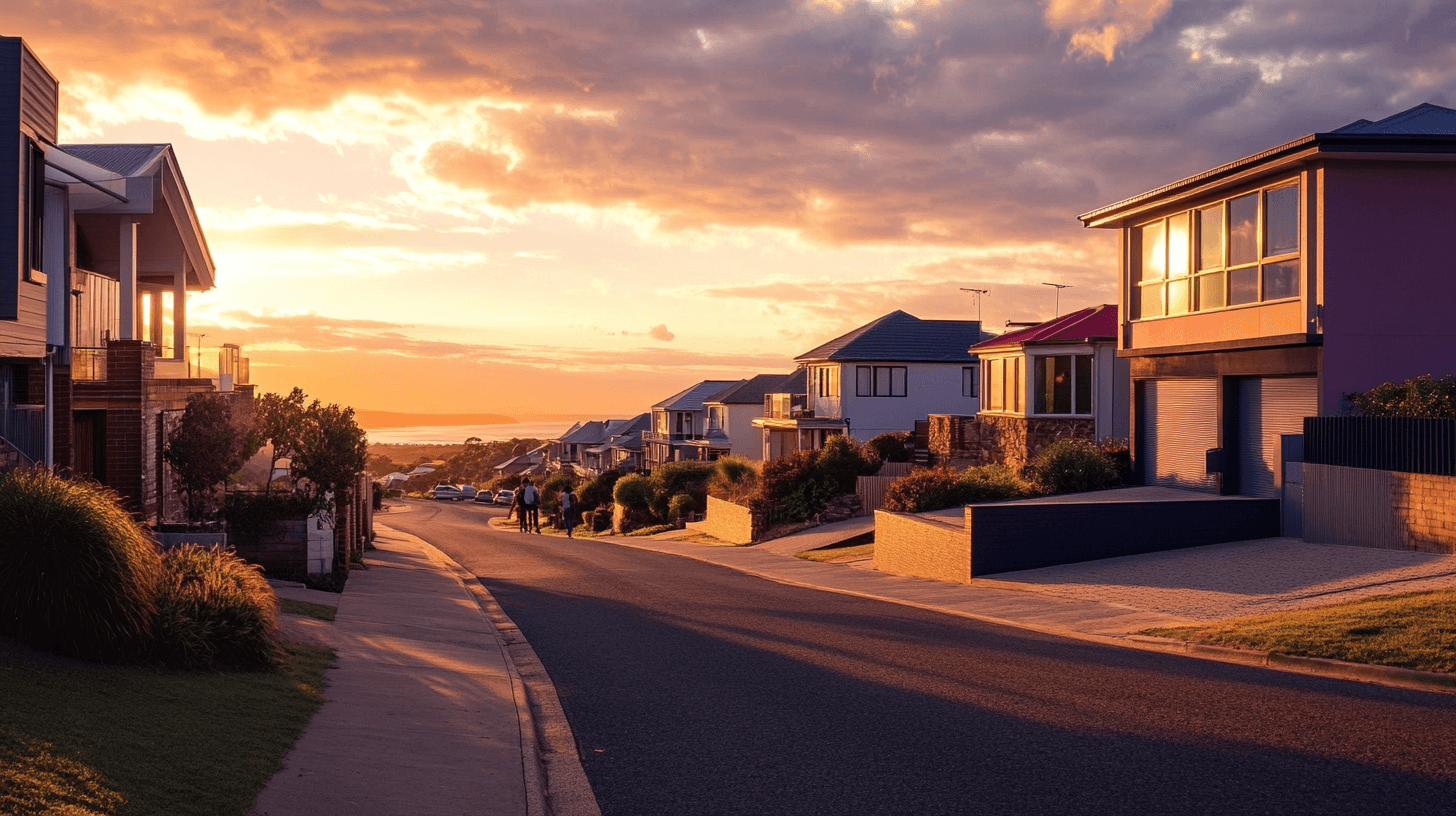 Buyers and real estate agents walking down a street lined with diverse coastal homes at sunset
