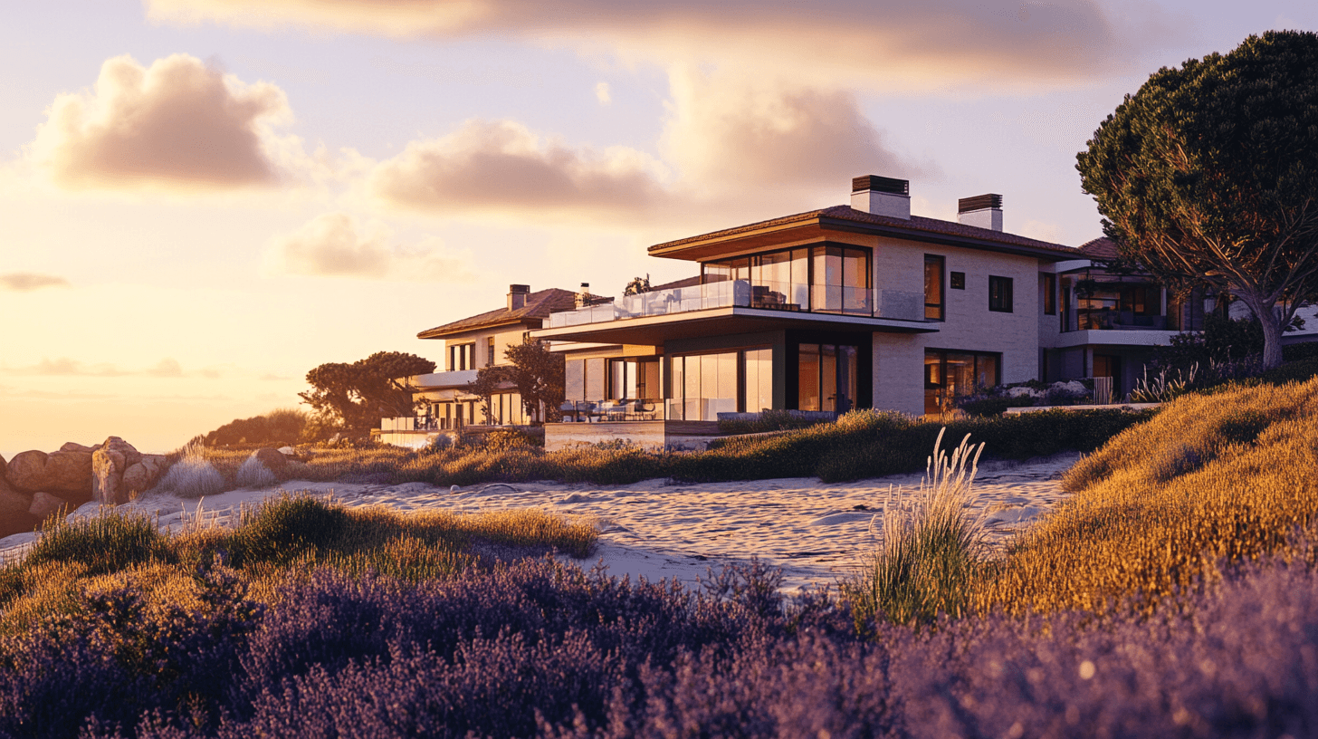 A scenic view of coastal homes in Drysdale during golden hour