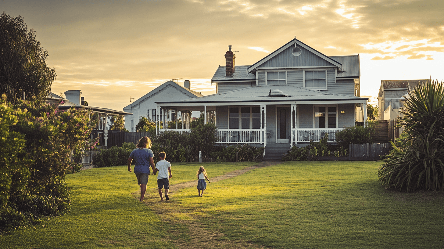 A family and a couple walking through Ocean Grove during golden hour