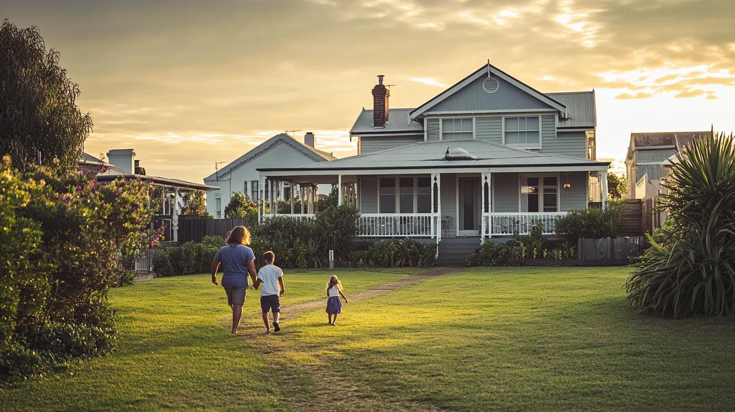 A family and a couple walking through Ocean Grove during golden hour