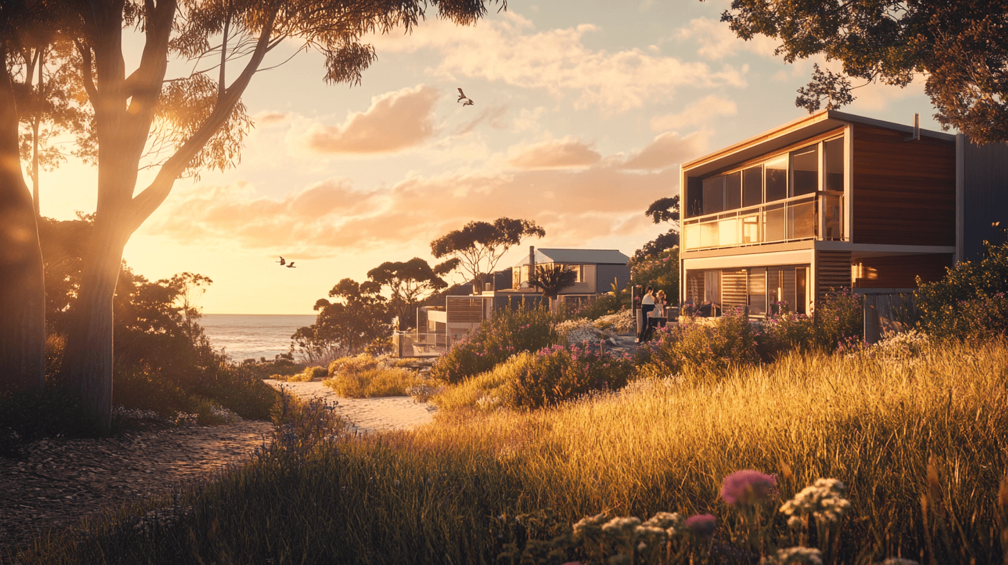 Scene of diverse coastal homes in Queenscliff during golden hour showcasing natural interactions between buyers