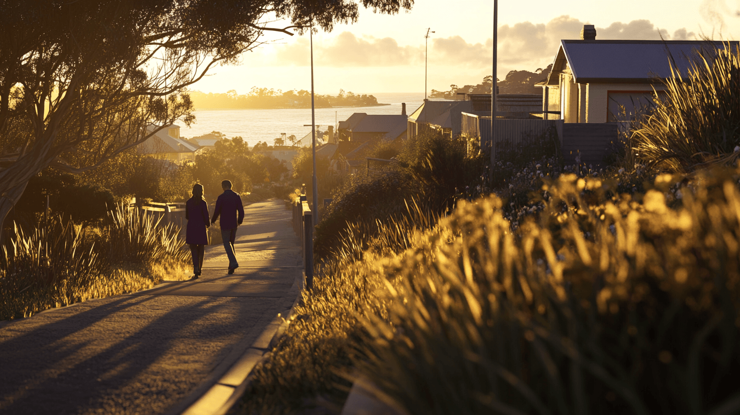 Real estate agents and clients exploring heritage homes during golden hour in Queenscliff