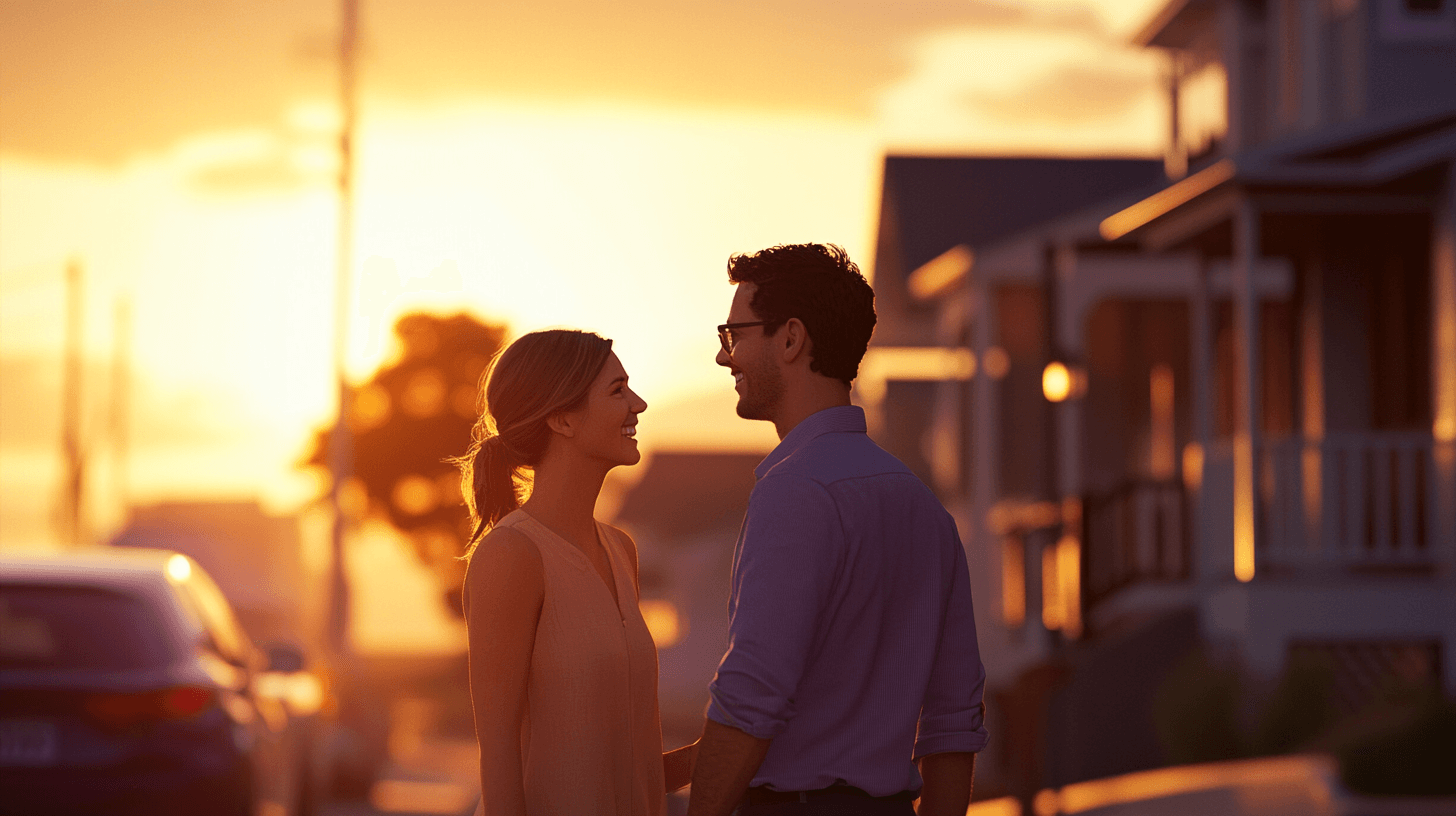 Real estate agents discussing properties with potential buyers during golden hour in Ocean Grove
